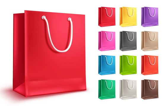 Colorful shopping bag vector set. Empty paper bags for shopping  and fashion with red and other colors isolated in white background. Vector illustration.
