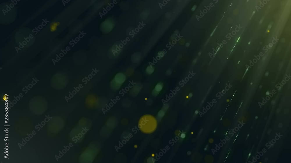 Poster abstract green background with animation falling glittering particles as festive rain. 4k, ultra hd 
