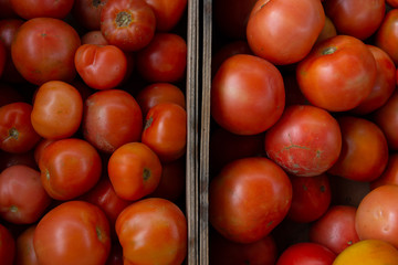 red tomatoes in a farmers stand wooden box