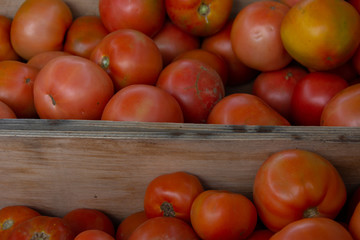 red tomatoes in a farmers stand wooden box