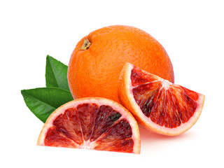 whole and slices blood orange with green leaf isolated on white background