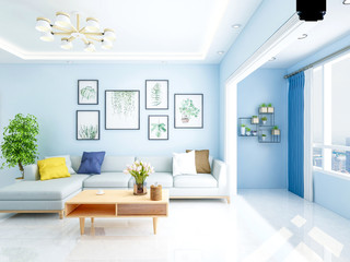 Modern family living room decoration design, living room sofa, coffee table, flower and photo wall, etc.