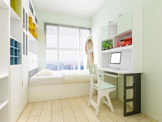 A combination of a modern bedroom and a study with a desk and bookshelf in the bedroom