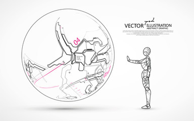 Futuristic sci-fi scenes, robots, aircraft, vector illustration.