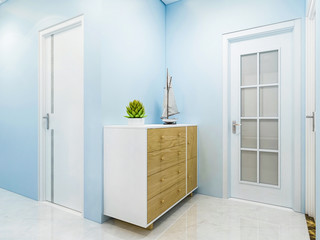 Corridor, room door and wooden cabinet of modern residential building