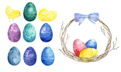 Easter eggs and little chicks. Watercolor brush, Cute farm birds Greate holiday background