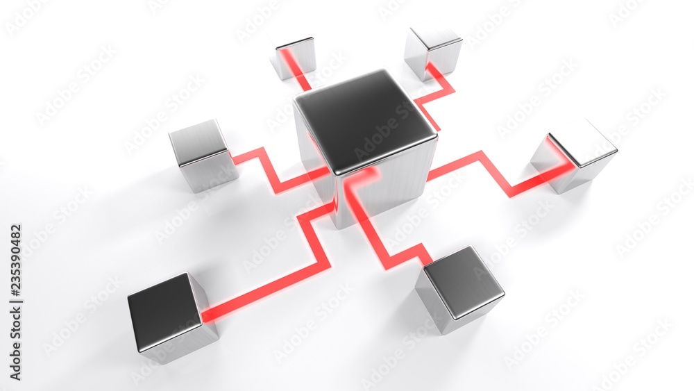 Poster network concept with metallic items connected on white background - 3d rendering illustration