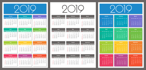 Calendar 2019 year. Colorful set. Simple Vector Template