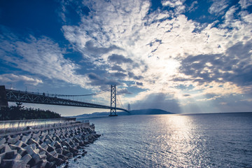 Akashi Kaikyo Bridge Seto Inland Sea in Kobe Japan