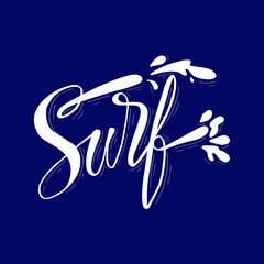 Hand lettering of Surf Surfing travel and vacation calligraphy inscription.