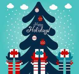 Cute winter holiday illustration with many children hands raised up with gifts. Christmas and New Year vector card with kids, tree, snowflakes and clouds 