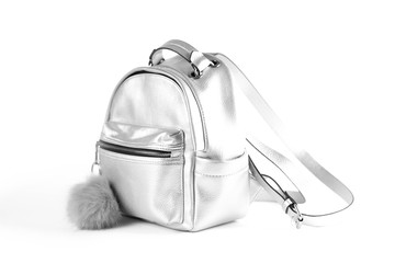 Women's silver backpack. Close up. Isolated on white background.
