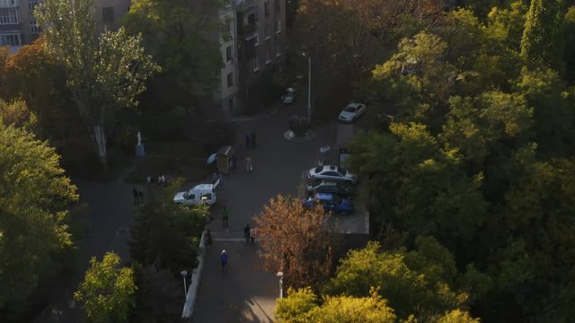 Aerial camera tilts up from the Teshin bridge to reveal the Odessa city drone