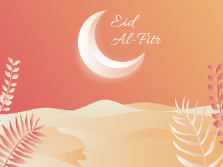 Islamic Eid al-Fitr festival greeting card, Night scene of shining moon, desert and leaves, warm tone