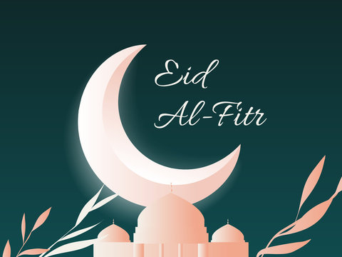 Islamic Eid al-Fitr festival greeting card, Night scene of shining moon, mosque and leaves