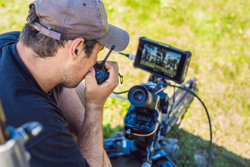 Shooting process on cinema stage - commercial production set, exterior location.Profeccional...