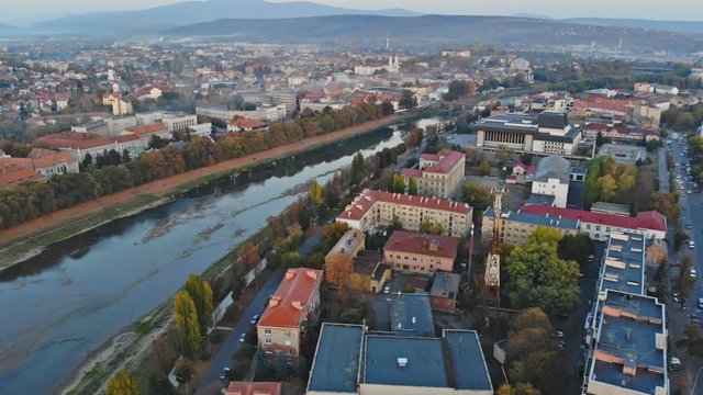 Town in upper view of the city Uzhgorod, over the Uzh River located in Transcarpathia Uzhhorod Ukraine Europe
