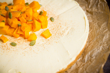Fresh cheesecake on the rustic background. Selective focus. Shallow depth of field. 
