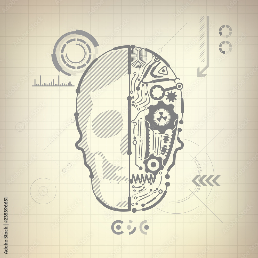 Poster concept of blueprint of a.i. invention, robot brain and skull diagram