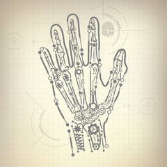 Fototapeta premium concept of blueprint of A.I. invention, robot hand and bone diagram