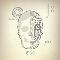 concept of blueprint of A.I. invention, robot brain and skull diagram