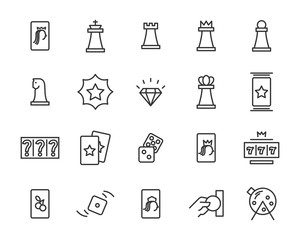 set of casino game vector line icons, such as blackjack card, jackpot, bet, luck and more
