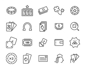 Fototapeta premium set of casino game vector line icons, such as blackjack card, jackpot, bet, luck and more