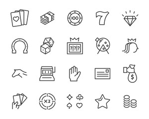 set of casino game vector line icons, such as blackjack card, jackpot, bet, luck and more