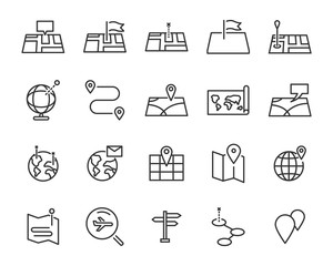 set of world map vector line icons, such as map, way, globe © kornkun