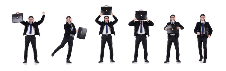 Young businessman holding briefcase isolated on white
