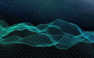 Fototapeta premium Star horizon. Abstract landscape on a dark background. Cyberspace grid. Hi-tech network. Outer space. Starry outer space texture. 3D illustration