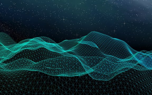 Star horizon. Abstract landscape on a dark background. Cyberspace grid. Hi-tech network. Outer space. Starry outer space texture. 3D illustration © Plastic man