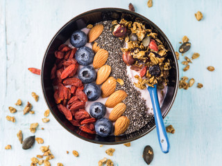 Yogurt raspberry smoothie bowl with goji berries and blueberries, almonds, chia seeds and granola on pastel turquoise wooden background. Plant based breakfast