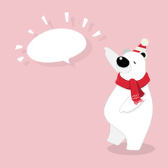 Vector illustration of isolated cute polar bear cartoon character standing, thinking with chat box on pink background.