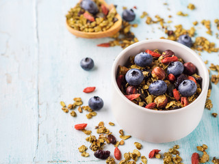 Home made matcha green tea granola in bowl on pastel turquoise background. Oats granola with goji berries, dried fruit, seeds and nuts. Healthy breakfast concept