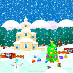 Illustration for christmas. Christmas tree, gifts, snowflakes. All elements are located on different layers and can be easily manipulated.