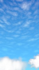 Blue sky background with white clouds. Abstraction group of clouds on clear blue sky on sunny day. 3D illustration