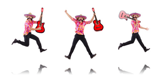 Mexican male brandishing guitar isolated on white