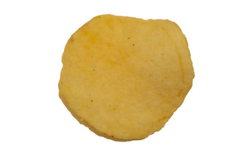 Tasty ridged potato chip on white background .