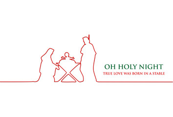 Line drawing, Birth of Christ, Silhouette of Mary, Joseph and Jesus, Vector