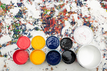 Color tank lined, red, yellow, blue, black, white. Colorful backdrop background.