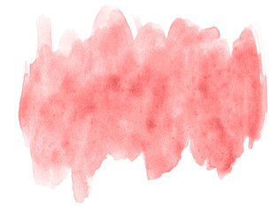 Light red, pink watercolor hand-drawn isolated wash stain on white background for text, design. Abstract texture made by brush for banner, label.
