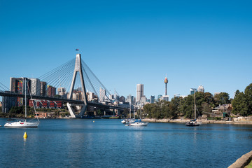 Fototapeta na wymiar Sydney's Rozelle Bay, ANZAC Bridge and city 