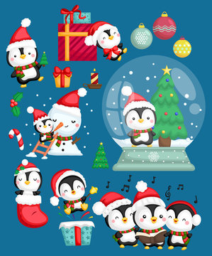 a vector set of many penguin in a santa costume