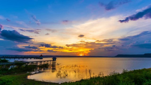 time lapse of sunset at Lum Chae dam, Khonburi, Nakhon Ratchasima, Thailand
