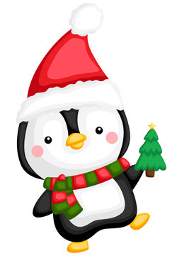 a vector of a cute penguin holding small tree