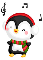 a vector of a penguin with earmuff singing 