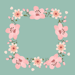 Floral greeting card and invitation template for wedding or birthday anniversary, Vector square shape of text box label and frame, Pink sakura flowers wreath ivy style with branch and leaves.