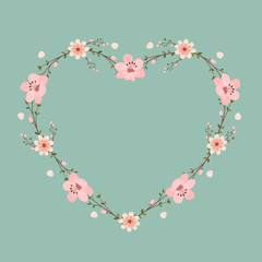 Floral greeting card and invitation template for wedding or birthday anniversary, Vector heart shape of text box label and frame, Pink sakura flowers wreath ivy style with branch and leaves.