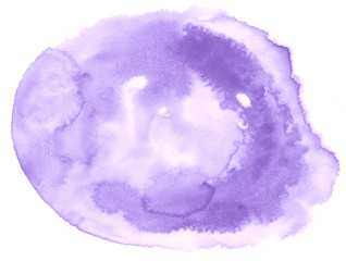 Lilac pastel watercolor hand-drawn isolated wash stain on white background for text, design. Abstract texture made by brush for wallpaper, label.